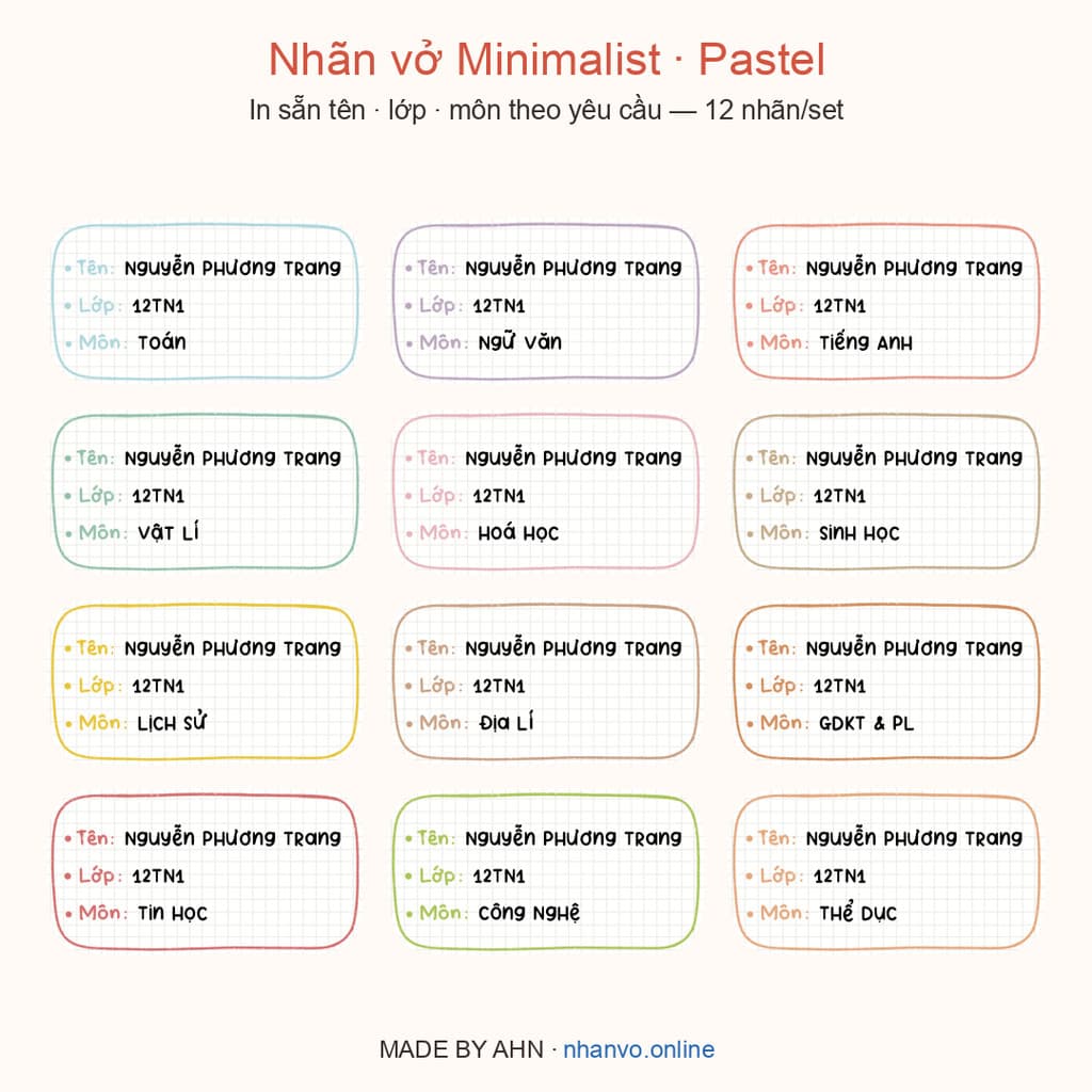 Set 12 Nhãn vở/Nhãn sách Minimalist TÊN - LỚP - MÔN - In tên theo yêu cầu - MADE BY AHN thiết kế