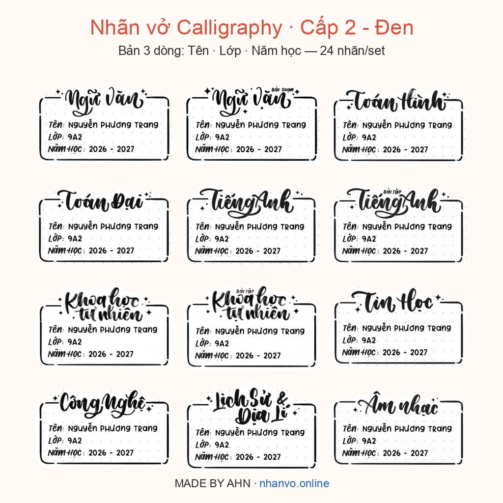 Nhãn vở Calligraphy bản 3 DÒNG, không có dòng Trường - FREE in tên lớp năm học theo yêu cầu